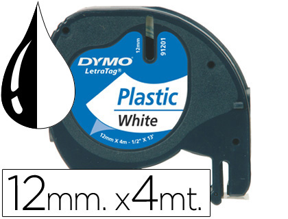 RUBAN TITREUSE DYMO LETRATAG SUPPORT PLASTIQUE 12MMX4M COLORIS IMPRESSION NOIR/BLANC