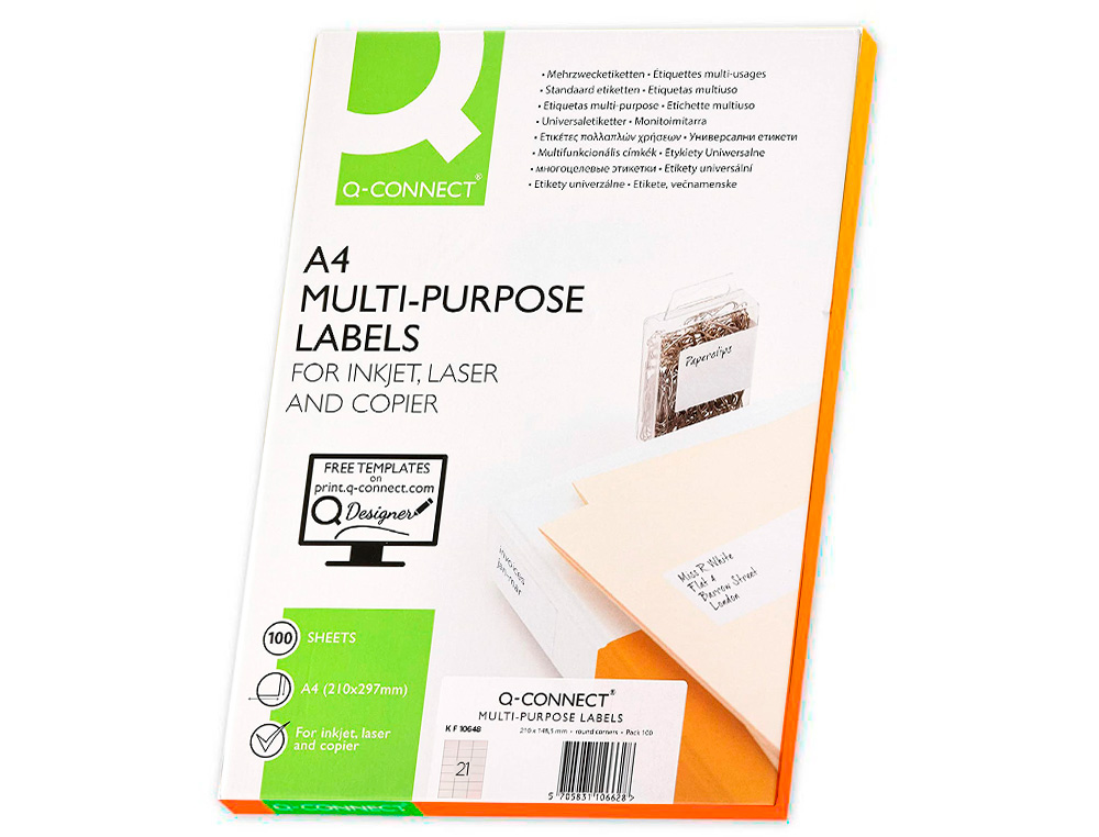 ÉTIQUETTE ADHÉSIVE Q-CONNECT 70X42MM COINS DROITS IMPRIMANTE JET D'ENCRE LASER COPIEUR BOÎTE 100 FEUILLES 2100 UNITÉS