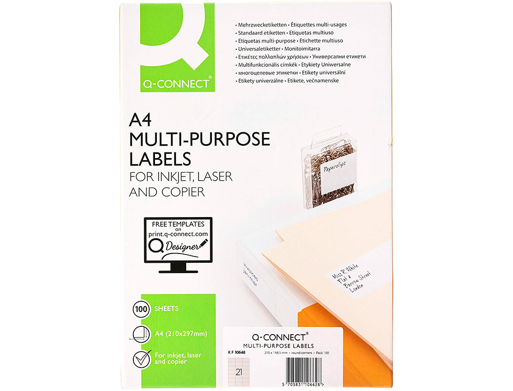ÉTIQUETTE ADHÉSIVE Q-CONNECT 70X42MM COINS DROITS IMPRIMANTE JET D'ENCRE LASER COPIEUR BOÎTE 100 FEUILLES 2100 UNITÉS