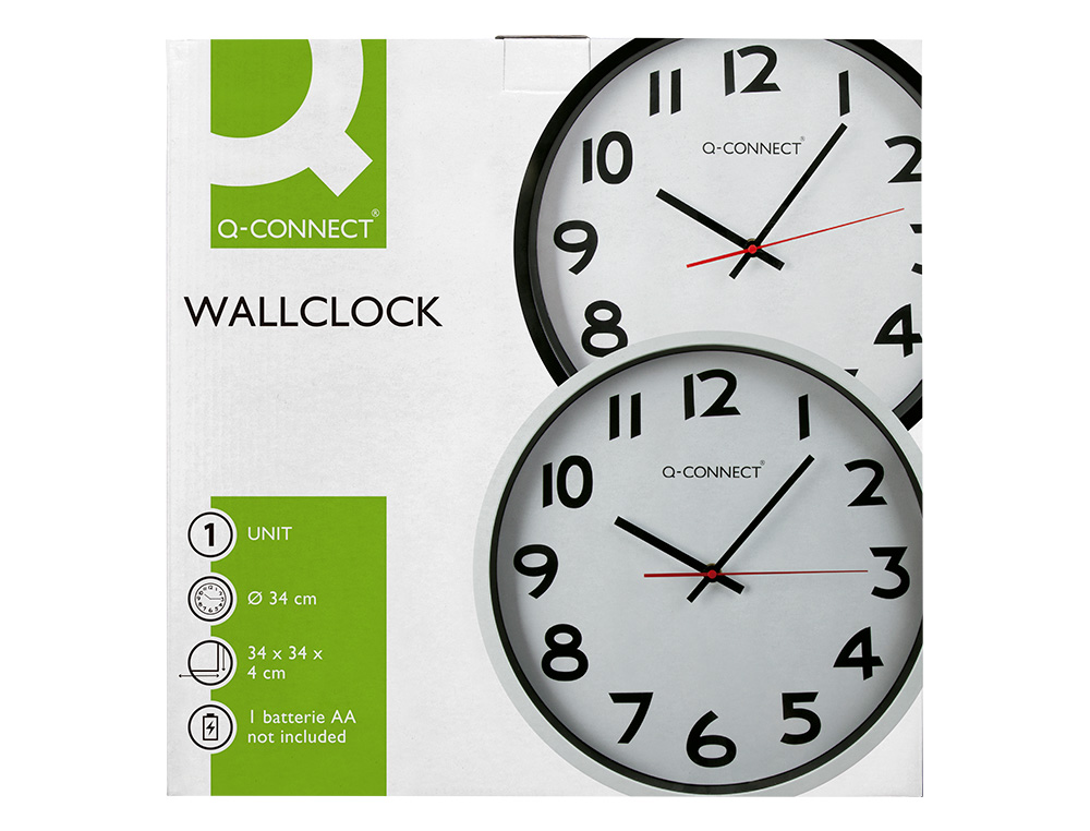 HORLOGE Q-CONNECT MURALE PLASTIQUE DESIGN ACTUEL NUMÉROS NOIRS FOND BLANC 1 PILE AA NON FOURNIE DIAMÈTRE 34CM NOIR