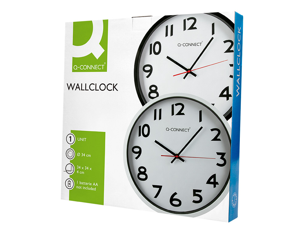 HORLOGE Q-CONNECT MURALE PLASTIQUE DESIGN ACTUEL NUMÉROS NOIRS FOND BLANC 1 PILE AA NON FOURNIE DIAMÈTRE 34CM NOIR