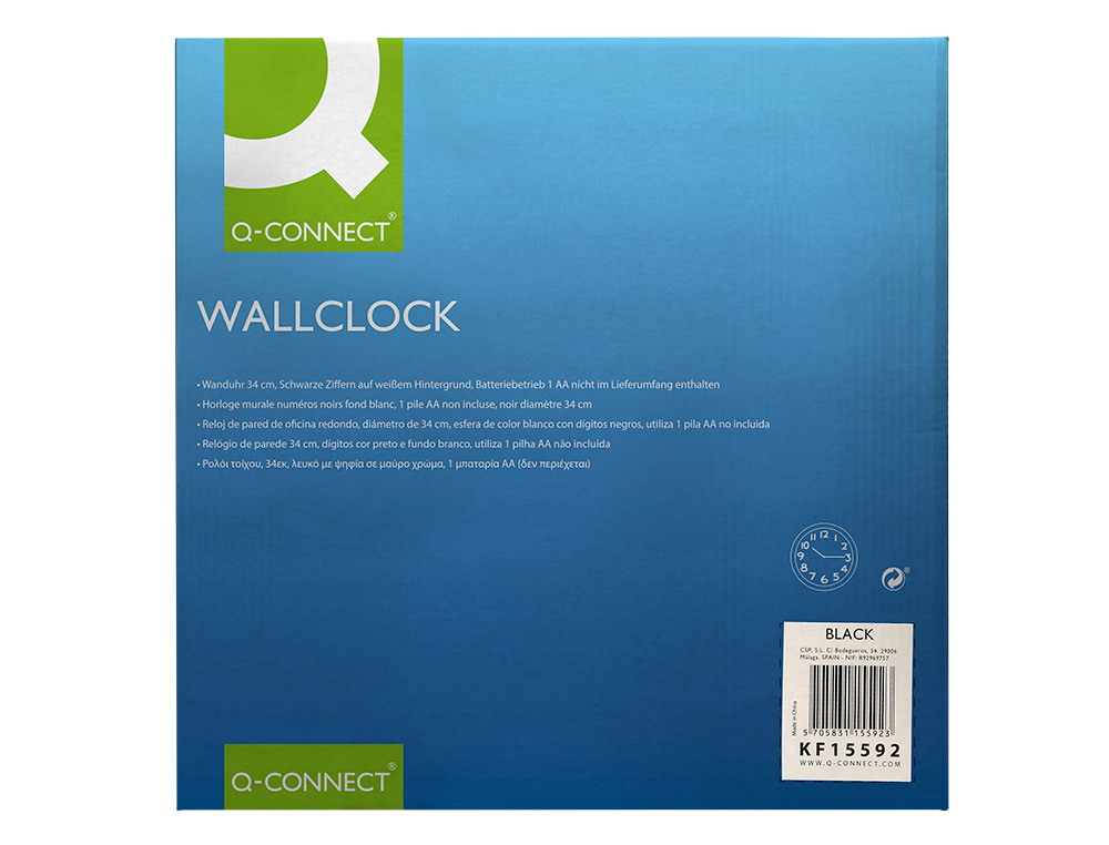HORLOGE Q-CONNECT MURALE PLASTIQUE DESIGN ACTUEL NUMÉROS NOIRS FOND BLANC 1 PILE AA NON FOURNIE DIAMÈTRE 34CM NOIR