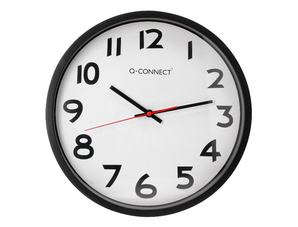 HORLOGE Q-CONNECT MURALE PLASTIQUE DESIGN ACTUEL NUMÉROS NOIRS FOND BLANC 1 PILE AA NON FOURNIE DIAMÈTRE 34CM NOIR