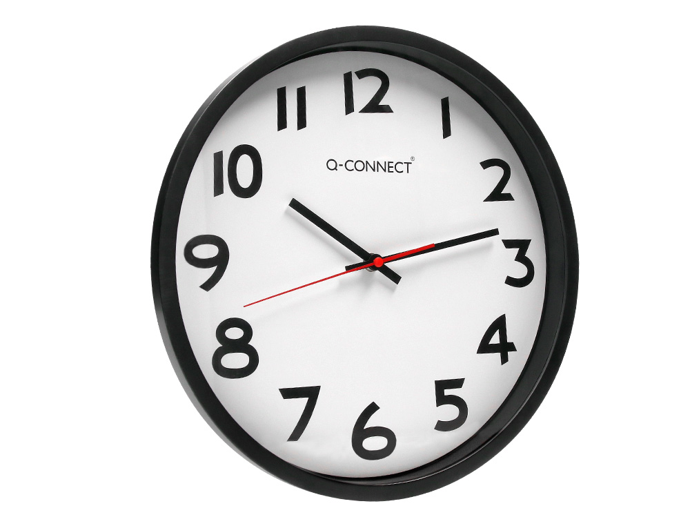 HORLOGE Q-CONNECT MURALE PLASTIQUE DESIGN ACTUEL NUMÉROS NOIRS FOND BLANC 1 PILE AA NON FOURNIE DIAMÈTRE 34CM NOIR
