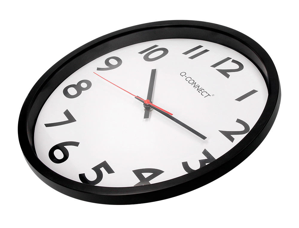 HORLOGE Q-CONNECT MURALE PLASTIQUE DESIGN ACTUEL NUMÉROS NOIRS FOND BLANC 1 PILE AA NON FOURNIE DIAMÈTRE 34CM NOIR