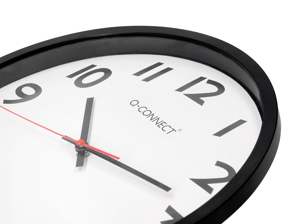 HORLOGE Q-CONNECT MURALE PLASTIQUE DESIGN ACTUEL NUMÉROS NOIRS FOND BLANC 1 PILE AA NON FOURNIE DIAMÈTRE 34CM NOIR