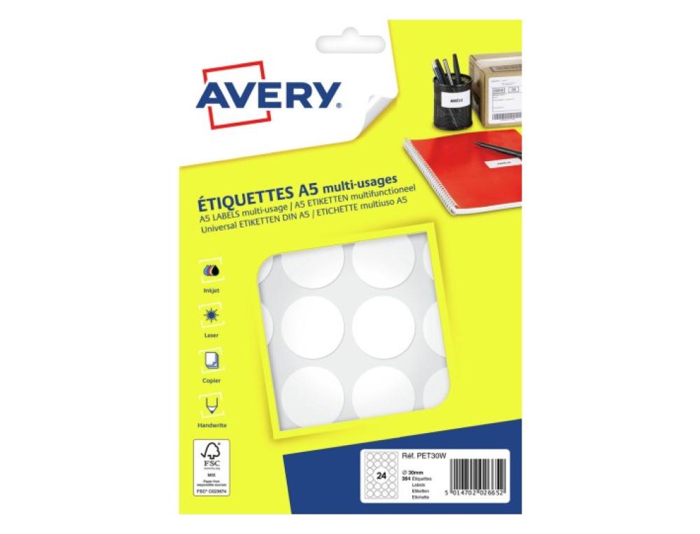 PASTILLE ADH. D30 S/384 BLANC1PASTILLE ADHESIVE IMPRIMABLE - AVERY - DIAMETRE 30MM BLANC - SACHET DE 384