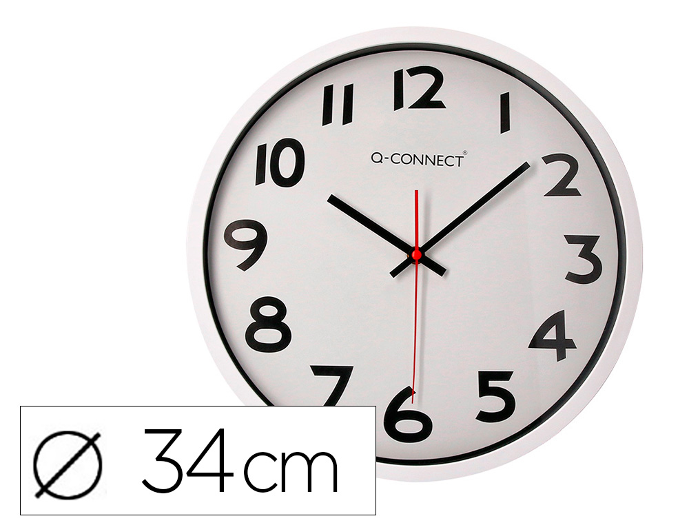 HORLOGE Q-CONNECT MURALE PLASTIQUE DESIGN ACTUEL NUMROS NOIRS FOND BLANC 1 PILE AA NON FOURNIE DIAMTRE 34CM CHROM